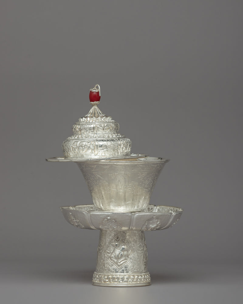 Traditional Silver Tea Cup with Red Stone on Top | Tibetan Buddhism Decor