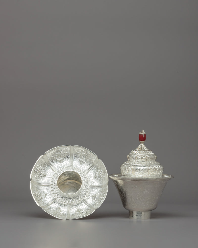 Traditional Silver Tea Cup with Red Stone on Top | Tibetan Buddhism Decor