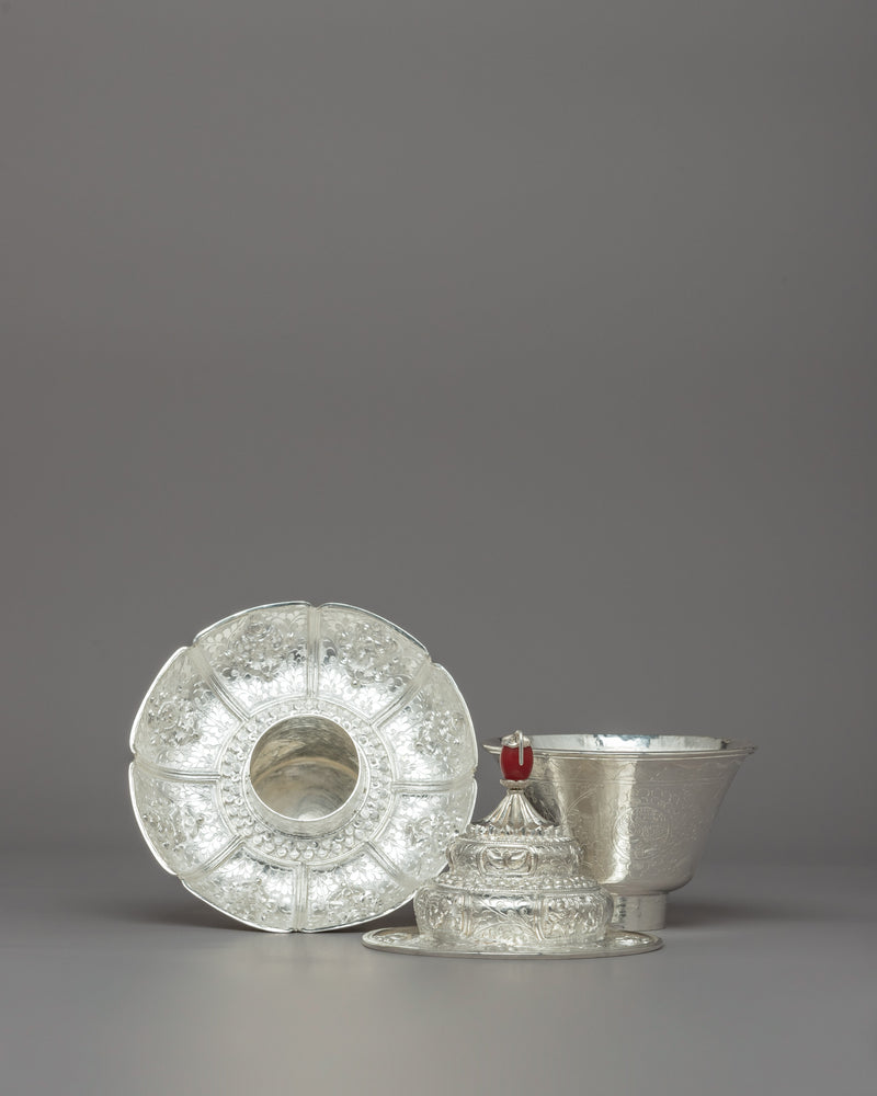 Traditional Silver Tea Cup with Red Stone on Top | Tibetan Buddhism Decor