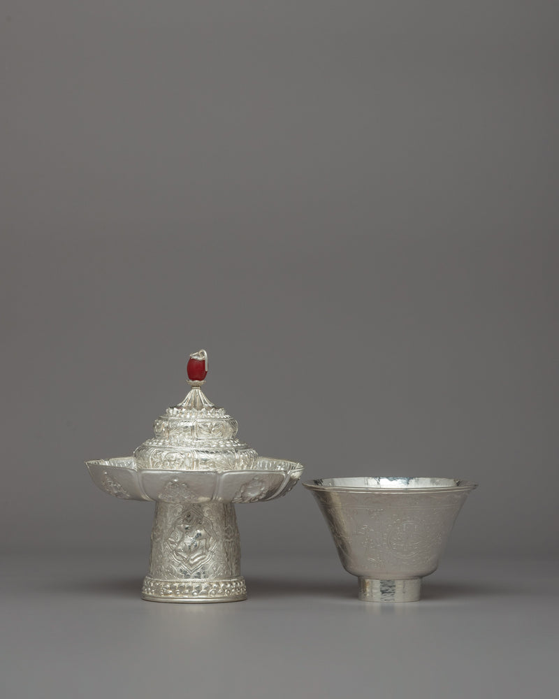 Traditional Silver Tea Cup with Red Stone on Top | Tibetan Buddhism Decor