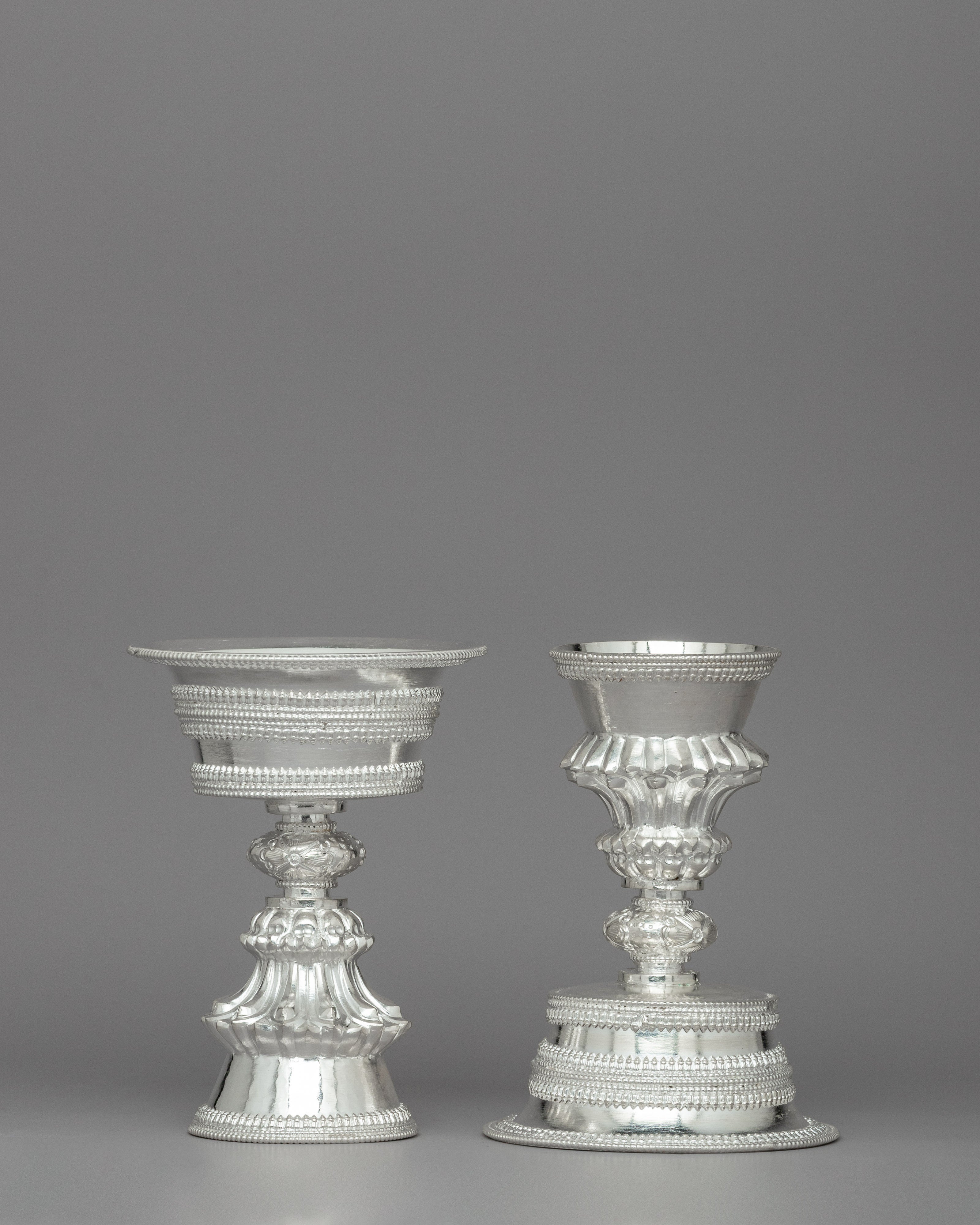Butter Lamp Buddhist Ritual Set | Silver Carved Religious Item