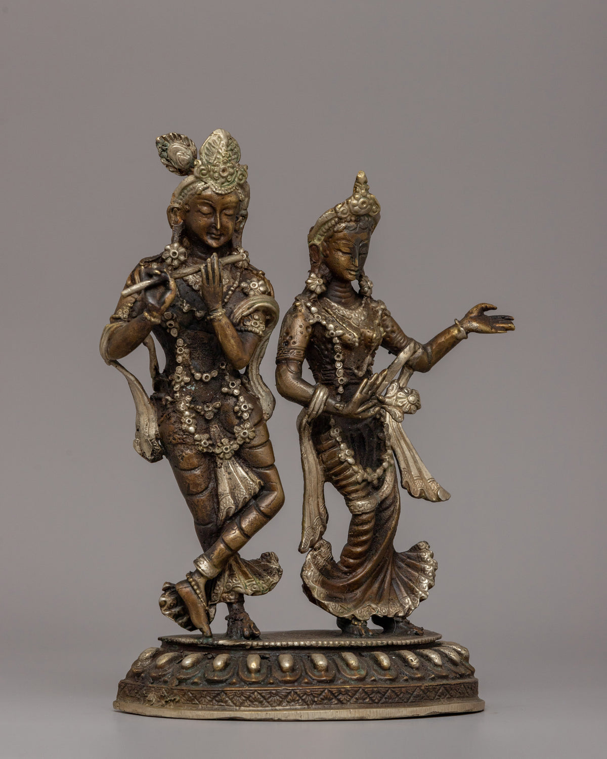 Silver-Plated Brass Radha Krishna Statue |  Symbol of Love &amp; Devotion