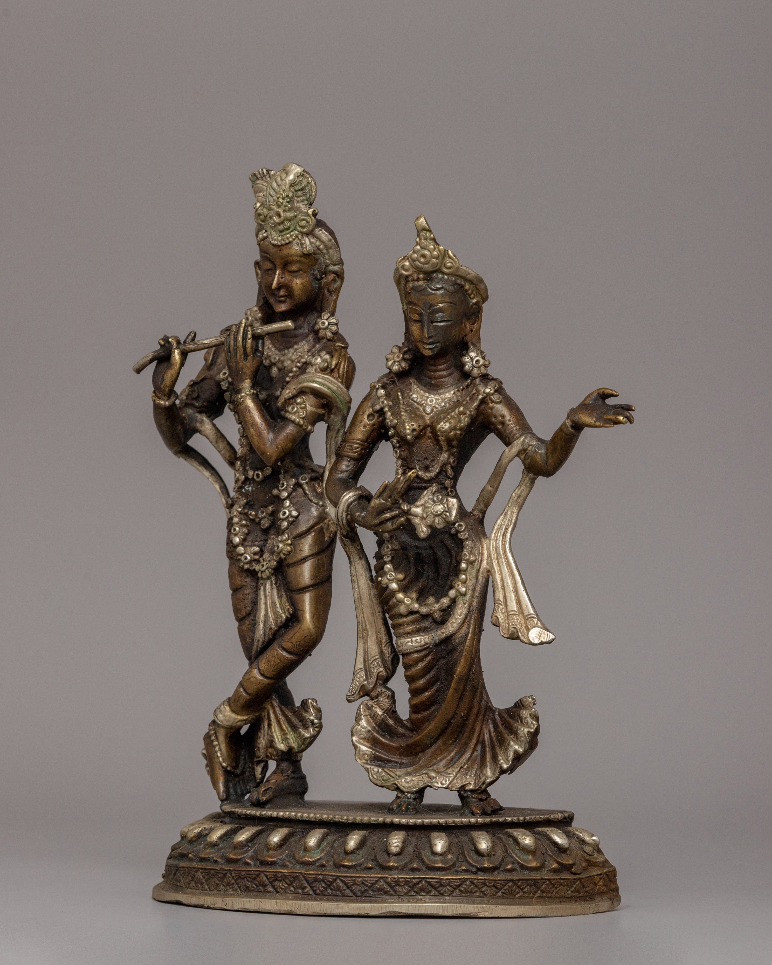 Silver-Plated Brass Radha Krishna Statue |  Symbol of Love &amp; Devotion