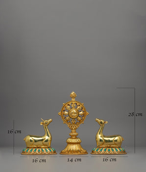 Dharma Wheel and Couple Deer Set | Plated Buddhist Shrine Decor
