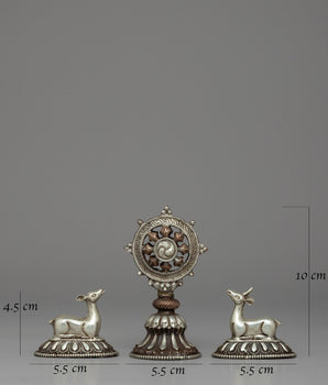 Silver-Plated Buddhist Dharma Wheel & Deer Set | Sacred Buddhist Symbol