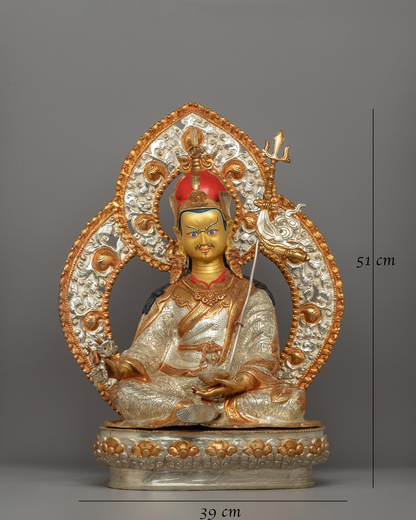 51cm Silver Plated Guru Rinpoche Statue | Traditional Tibetan Deity