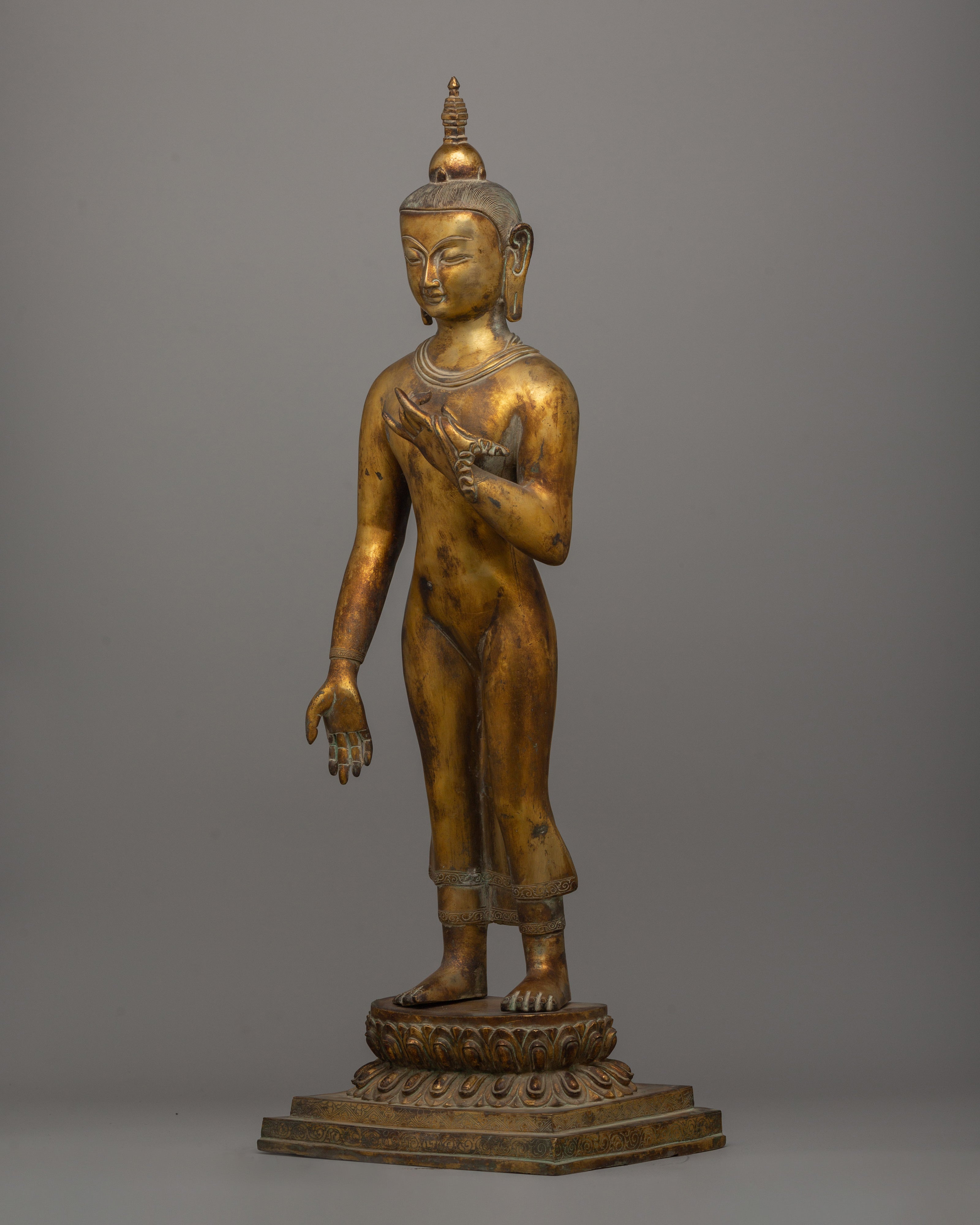 Gold-Plated Standing Buddha Sculpture | Standing Dipankar Buddha Statue