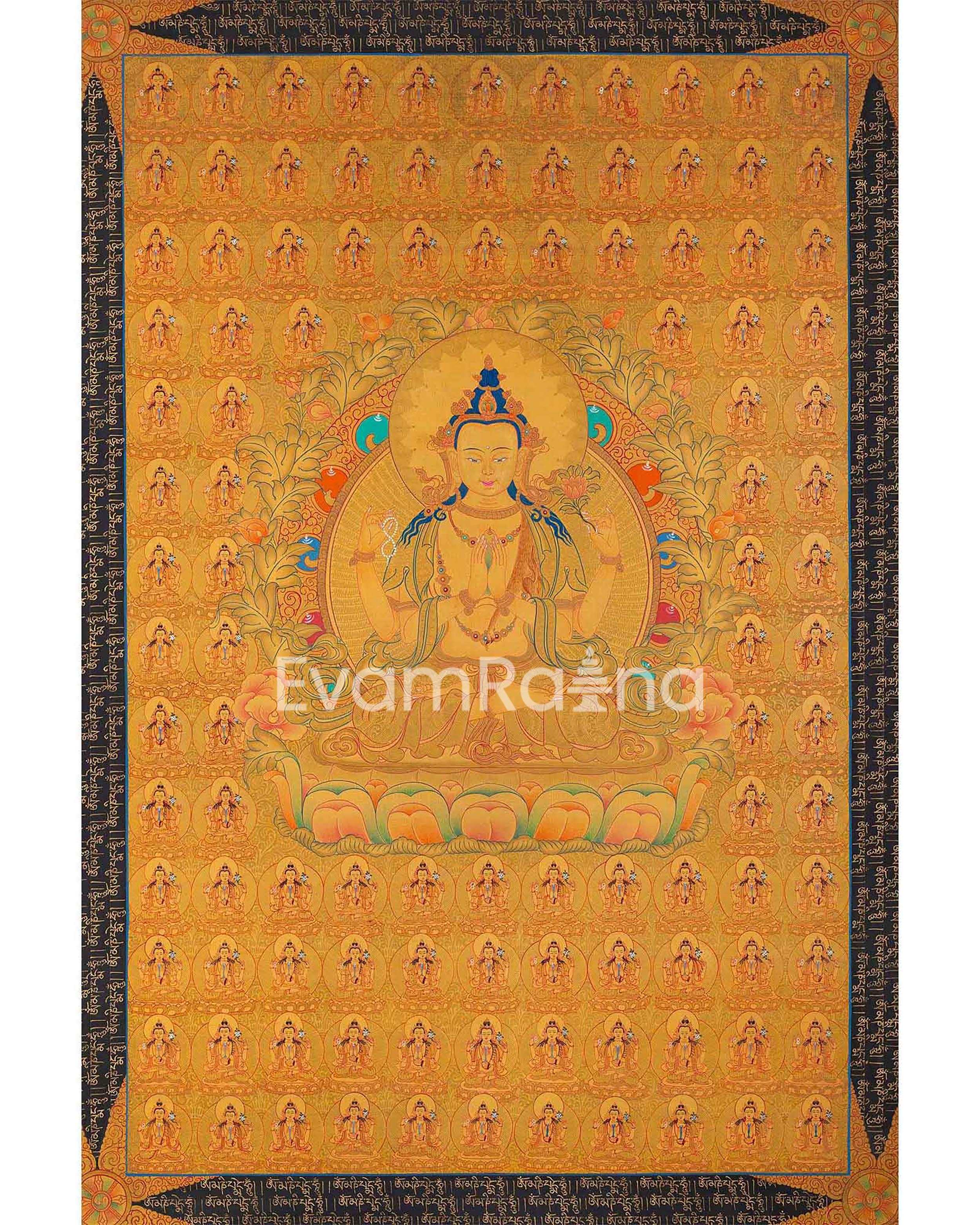 108 Chenrezig Avalokiteshvara Thangka | 24k Pure Gold Original Handmade Tibetan Thangka | Small Size Wall Decoration Painting | Mindfulness Meditation