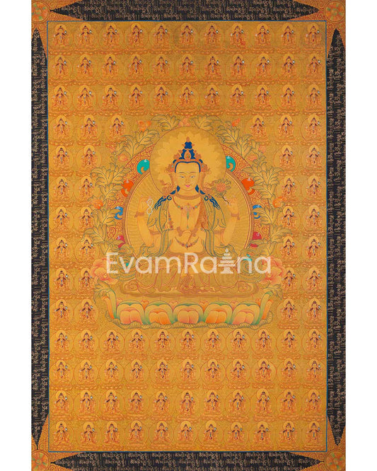 108 Chenrezig Avalokiteshvara Thangka | 24k Pure Gold Original Handmade Tibetan Thangka | Small Size Wall Decoration Painting | Mindfulness Meditation