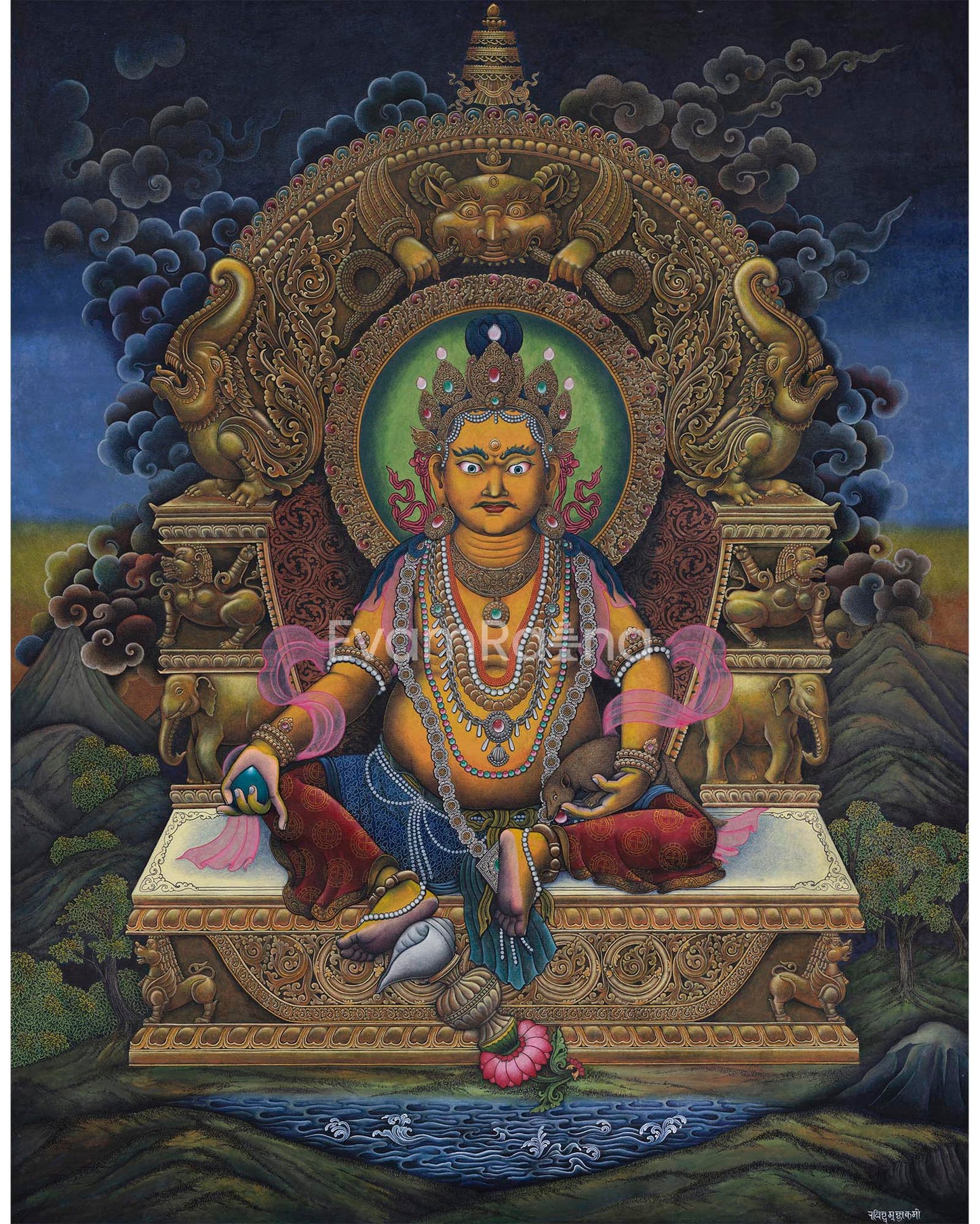 Dzambhala, The Tibetan Deity Of Wealth Nepali Painting| Traditional Newari Giclee Canvas rint