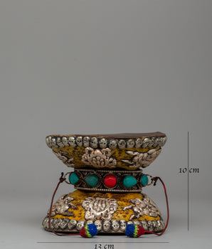 Ritual Drum with White Metal, Coral & Turquoise | Buddhist damaru