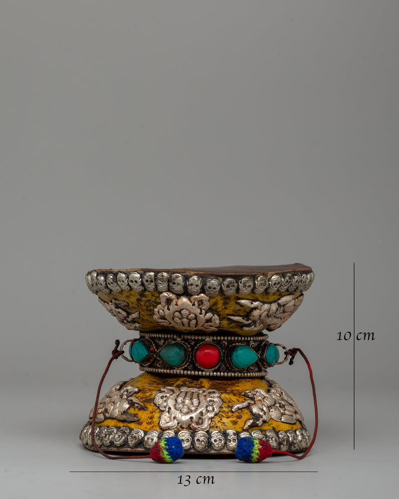 Ritual Drum with White Metal, Coral & Turquoise | Buddhist damaru