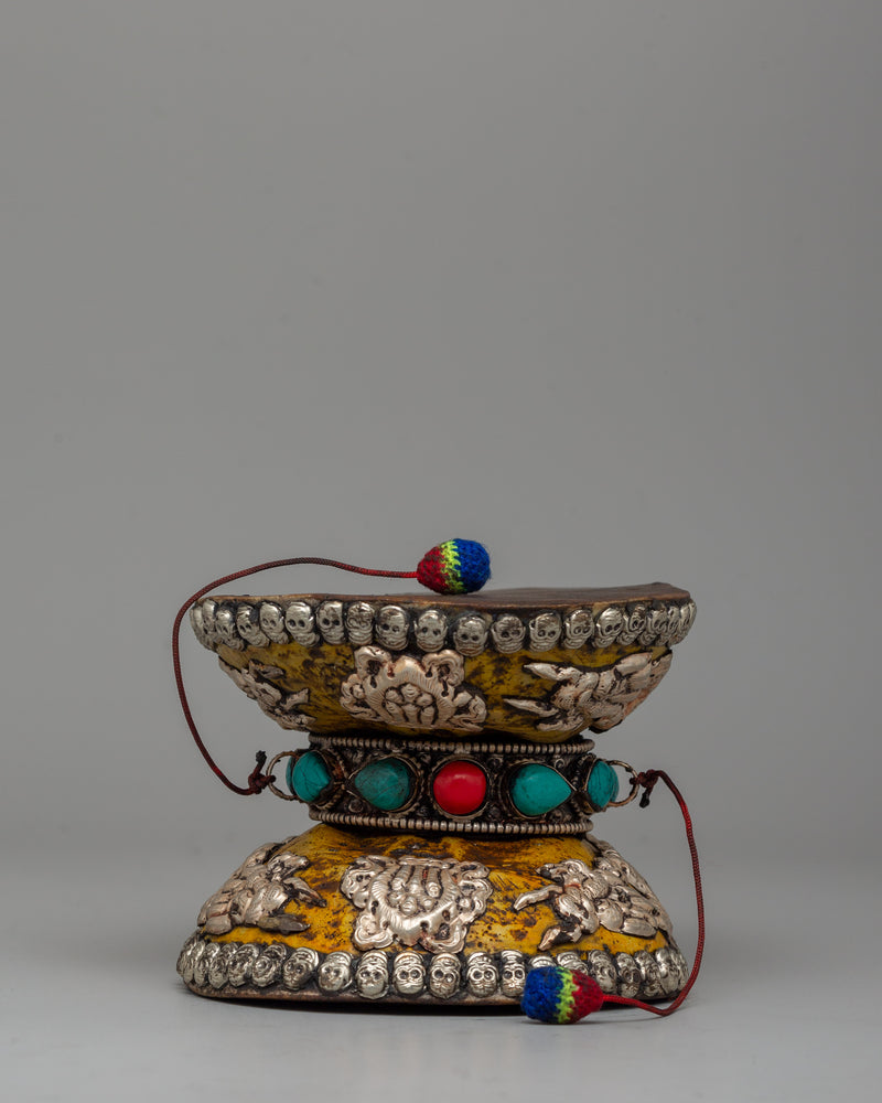 Ritual Drum with White Metal, Coral & Turquoise | Buddhist damaru