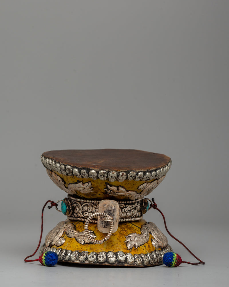 Ritual Drum with White Metal, Coral & Turquoise | Buddhist damaru