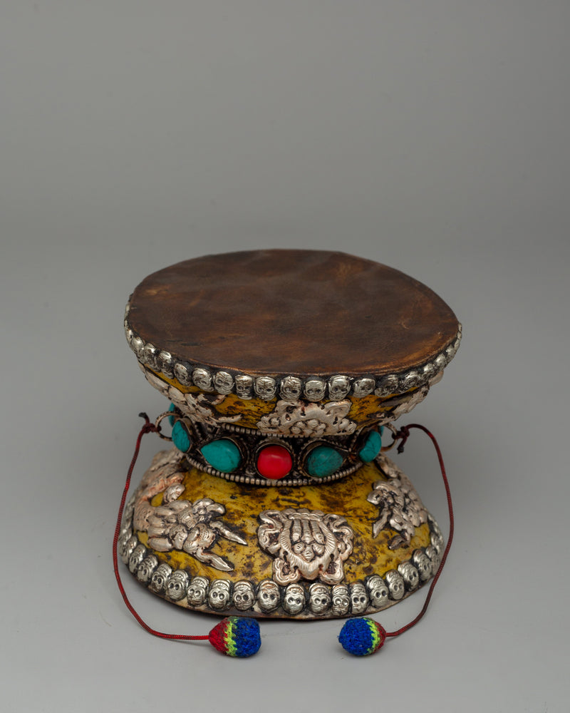 Ritual Drum with White Metal, Coral & Turquoise | Buddhist damaru