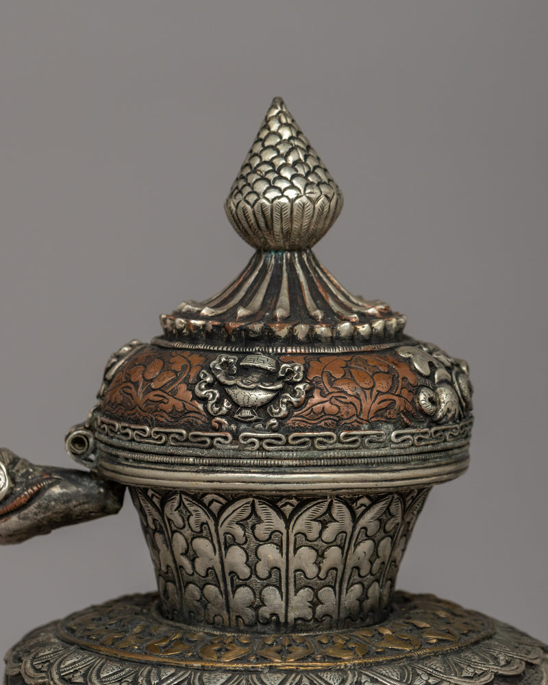 Religious Tibetan Tea Pot | A Sacred Silver-Plated Offering Vessel