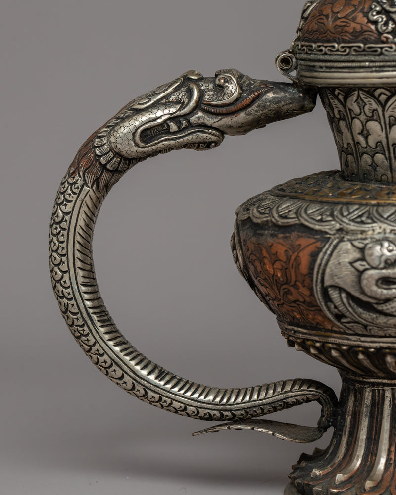 Religious Tibetan Tea Pot | A Sacred Silver-Plated Offering Vessel