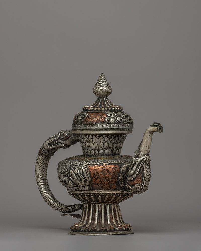 Religious Tibetan Tea Pot | A Sacred Silver-Plated Offering Vessel