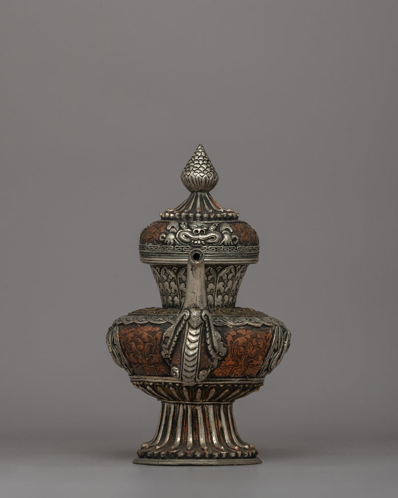 Religious Tibetan Tea Pot | A Sacred Silver-Plated Offering Vessel