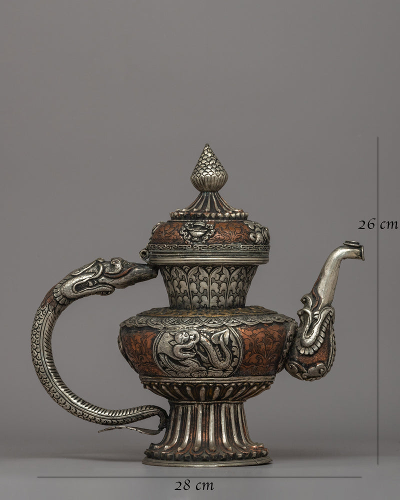 Religious Tibetan Tea Pot | A Sacred Silver-Plated Offering Vessel