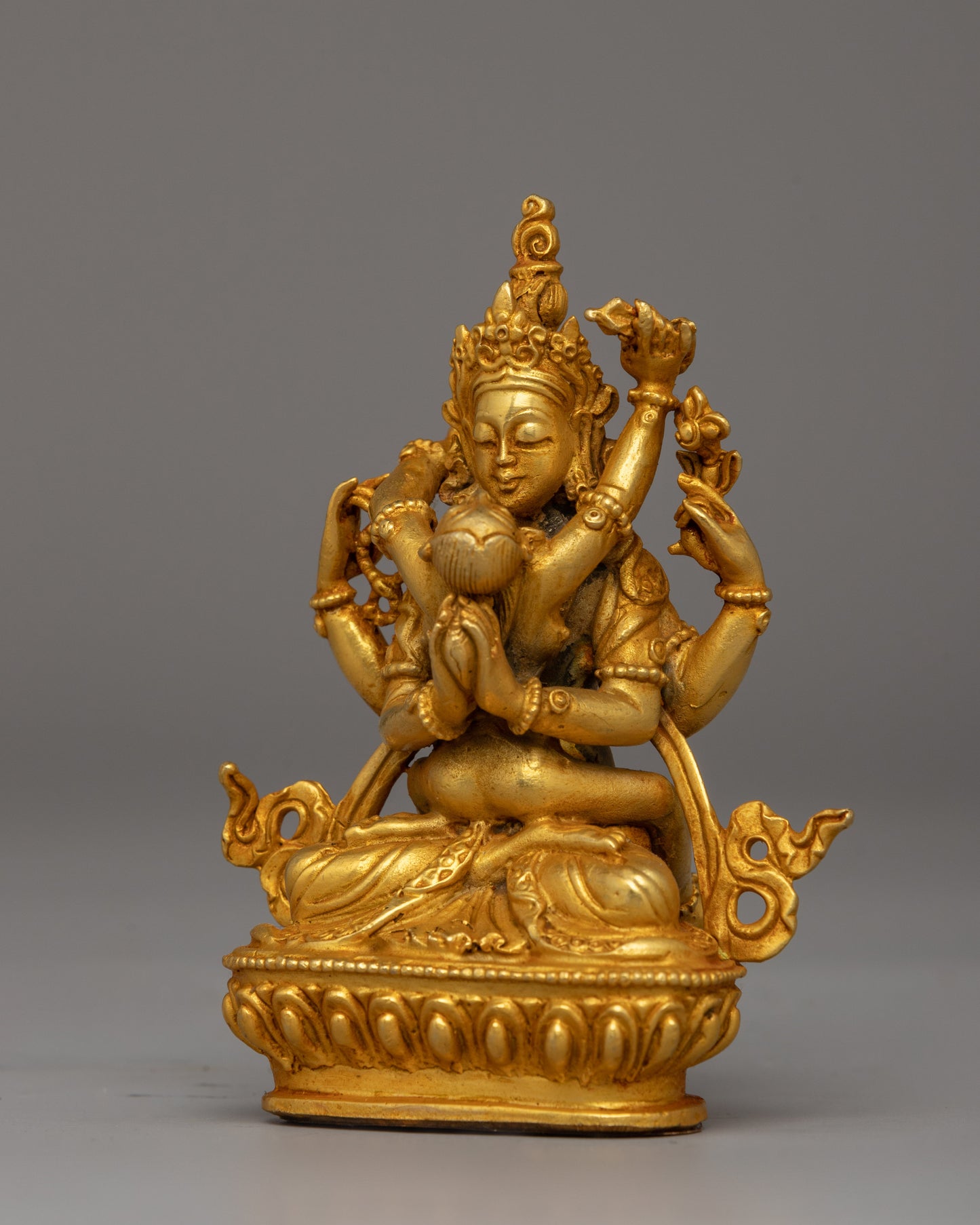 Chenrezig with Consort Statue | A Gold-Plated Tibetan Yab-Yum Statue