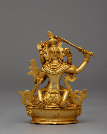 Manjushri with Consort Figurine | A Gold-Plated Tibetan Buddhist Wisdom Deity