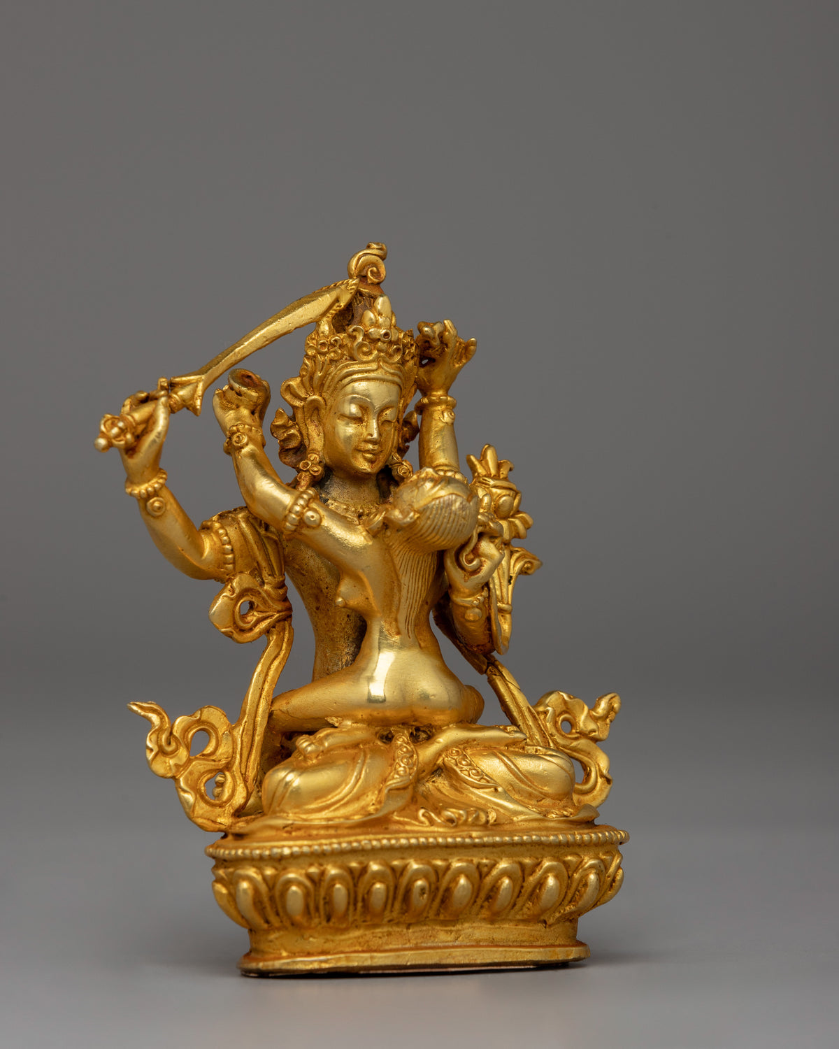 Tibetan Manjushri with Consort Figurine | Gold-Plated Tibetan Buddhist Wisdom Deity