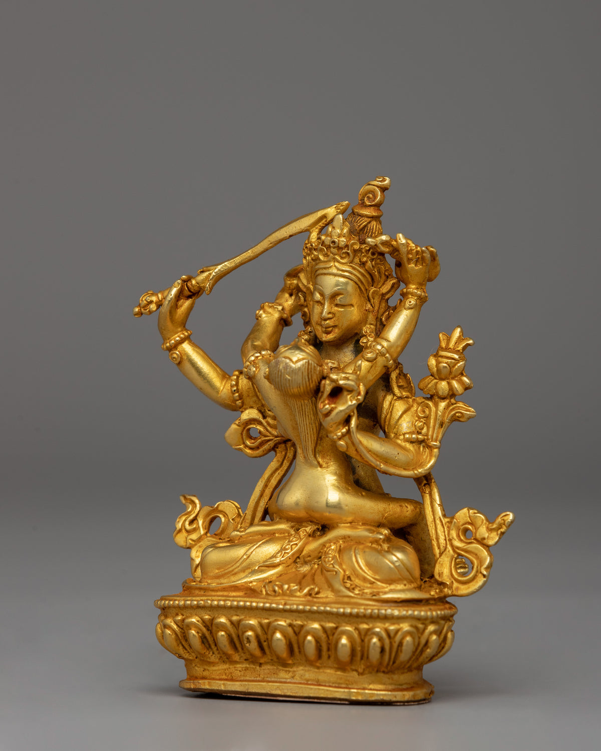 Tibetan Manjushri with Consort Figurine | Gold-Plated Tibetan Buddhist Wisdom Deity