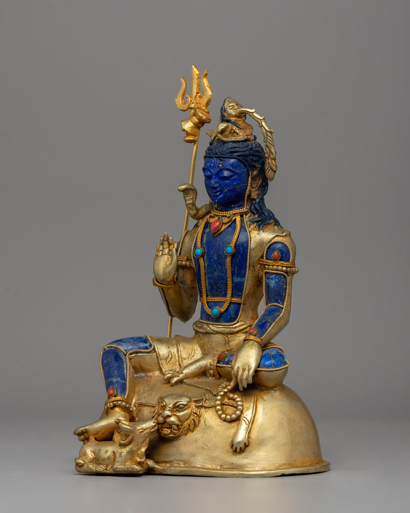 Lapis Lazuli Lord Shiva Statue | Hindu Deity Adorned with Coral