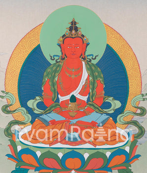 Amitayus With White Tara and Namgyalma Thanka Print | Bodhisattva Canvas Print | Tibetan Buddhism Art