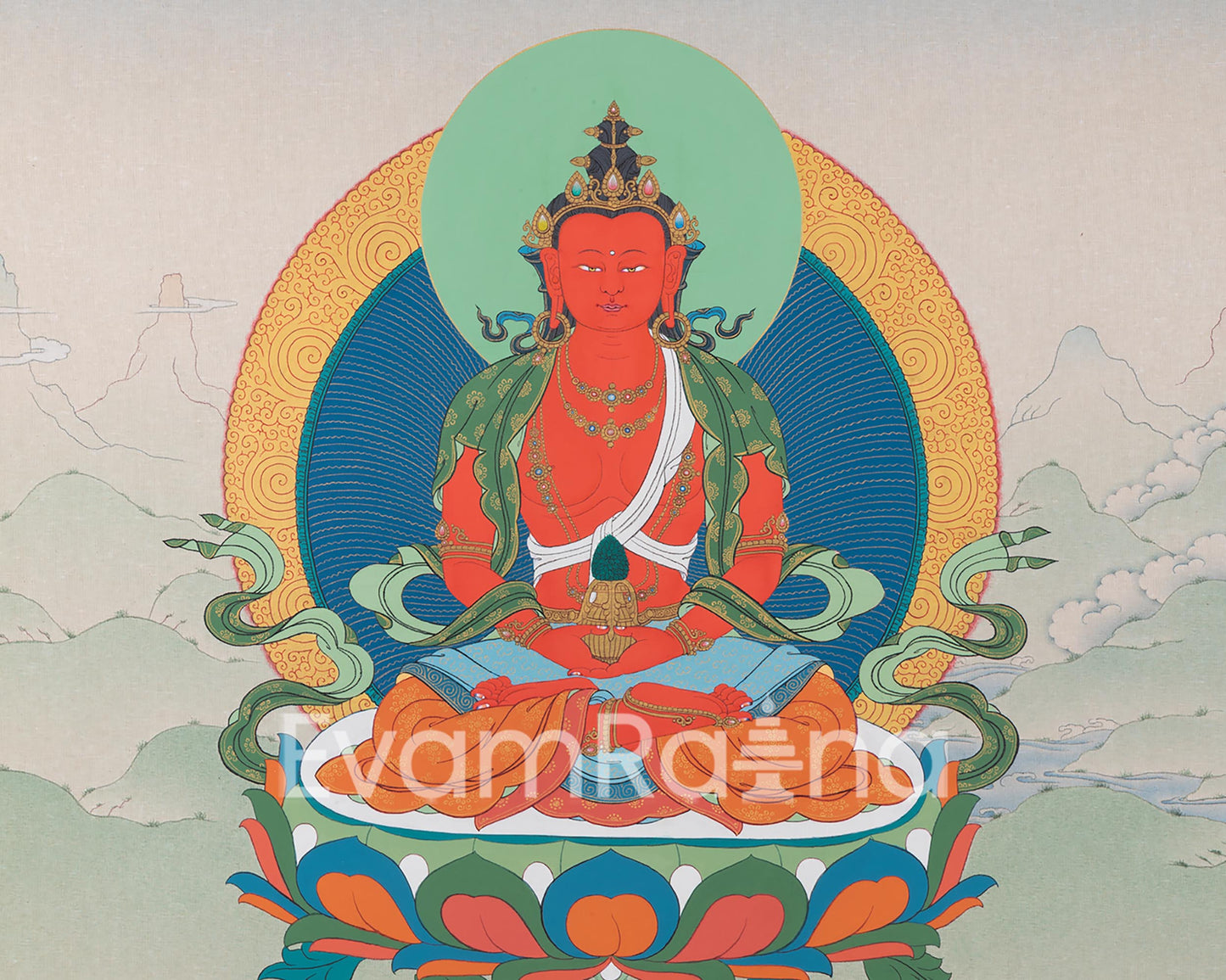 Amitayus With White Tara and Namgyalma Thanka Print | Bodhisattva Canvas Print | Tibetan Buddhism Art