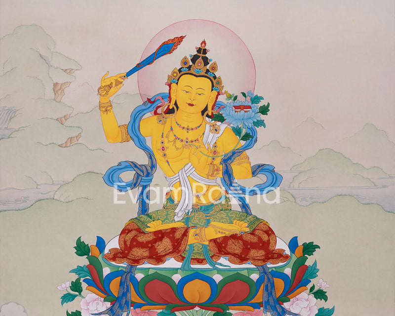 Manjusri's Sword of Wisdom | Original Tibetan Thangka | 24K Gold Detail