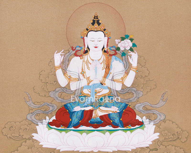 Serene Avalokiteshvara Thangka | Hand-Painted Four Armed Chenrezig Art