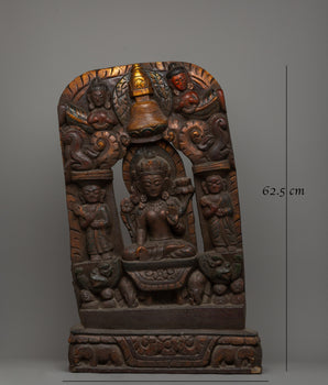 Handcrafted Green Tara In Throne Statue | Wooden Artwork