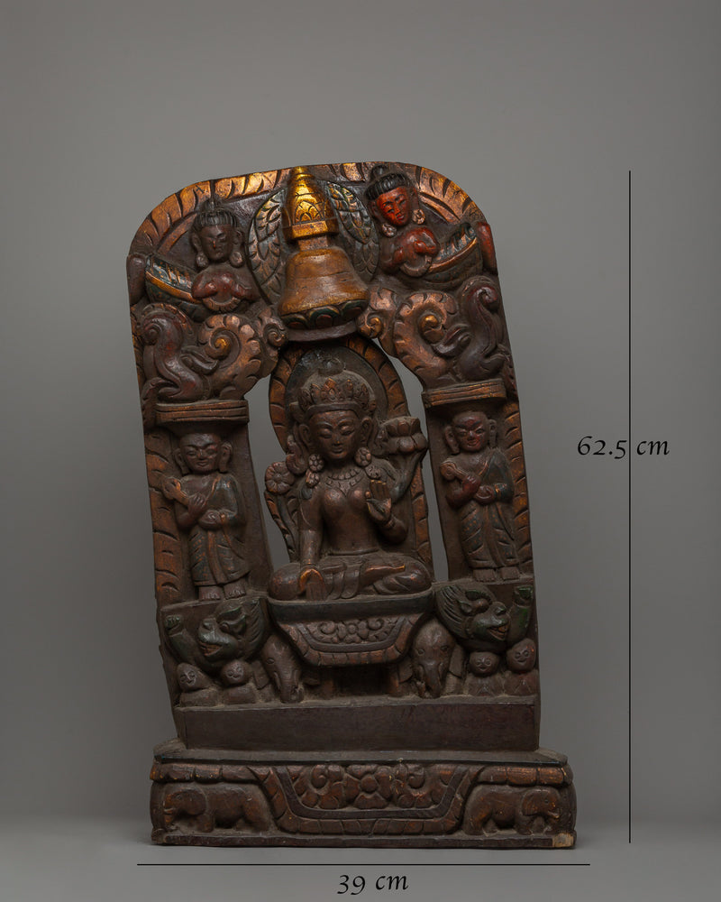 Handcrafted Green Tara In Throne Statue | Wooden Artwork