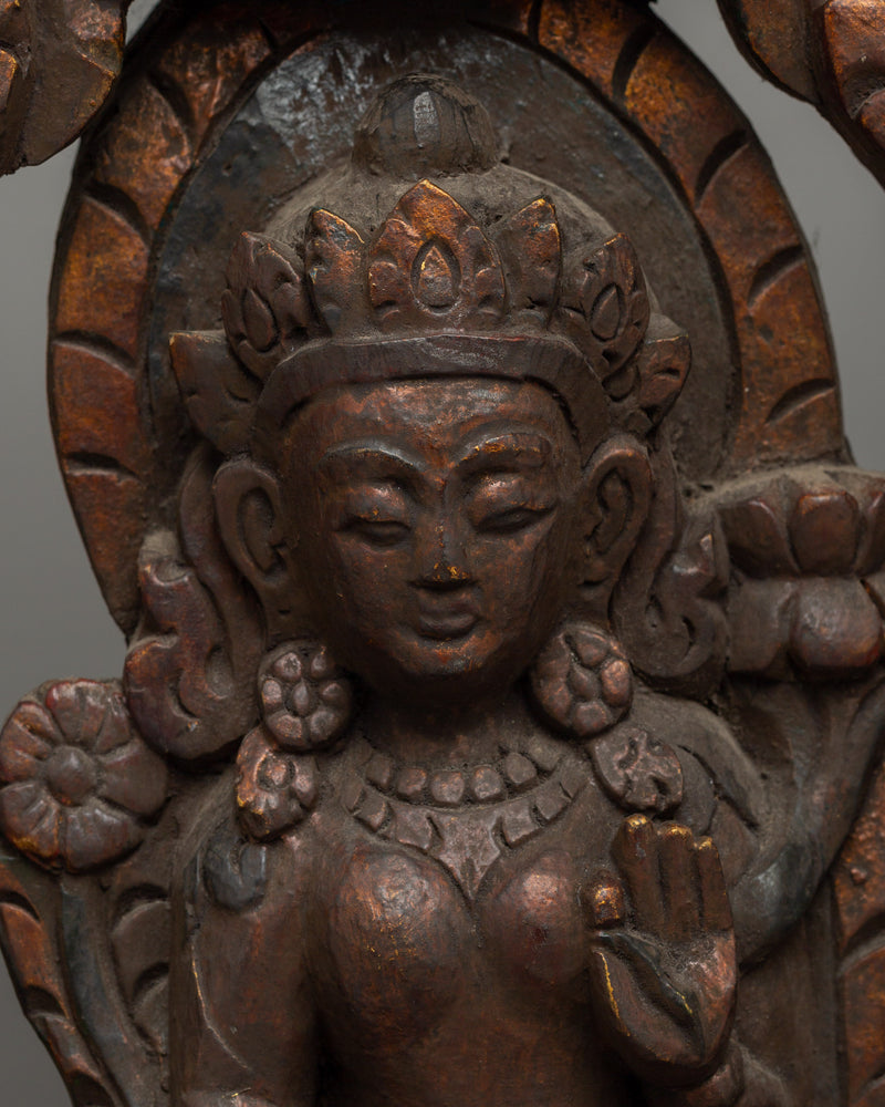 Handcrafted Green Tara In Throne Statue | Wooden Artwork