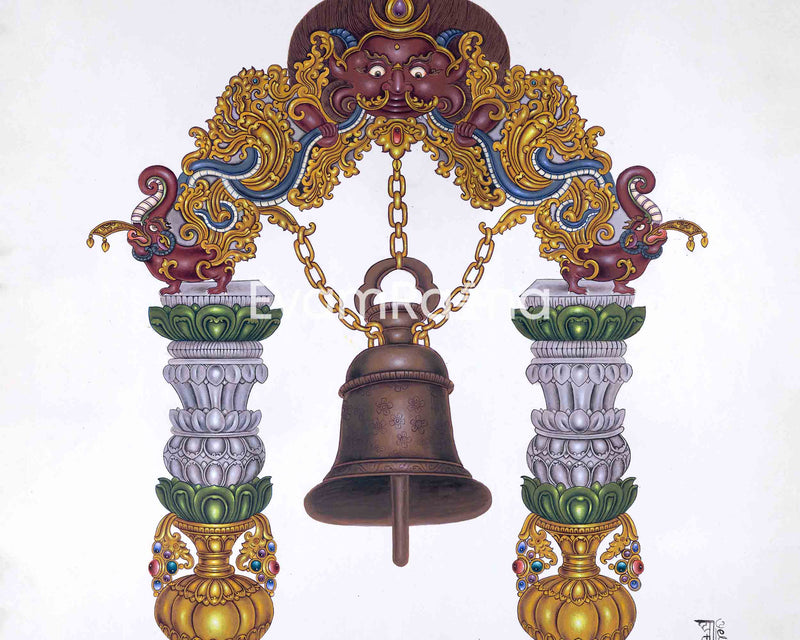 Traditional Bell Art Print For Room Decoration | Newari Paubha Print For Wall Hanging, Room Decor