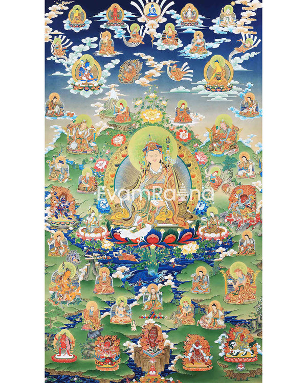 Guru Rinpoche Thangka, Eight Manifestation and 25 Disciples of Guru Padmasambhava, High Quality Giclee Canvas Print, Digital Print