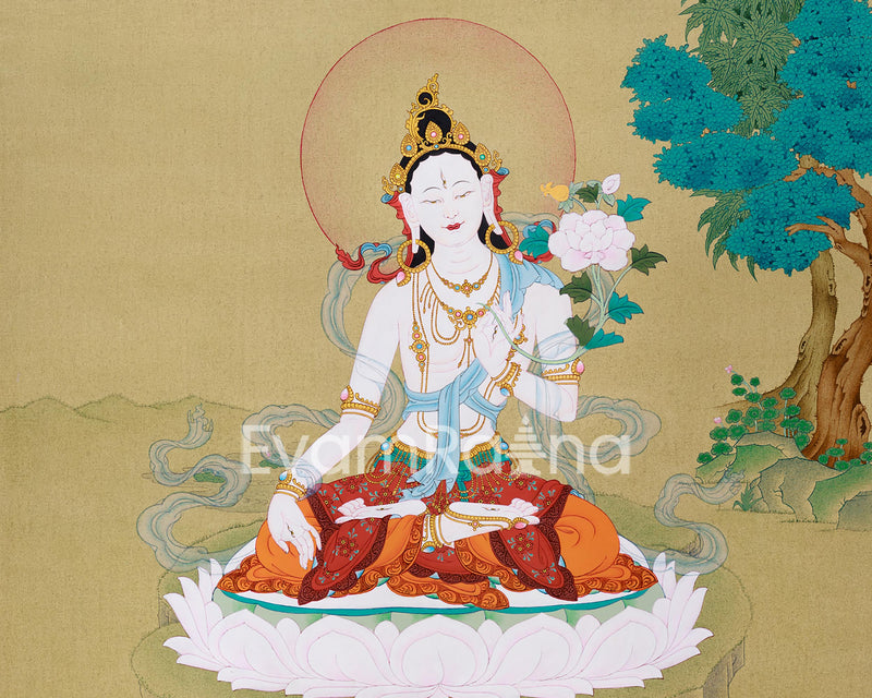 White Tara Thangka | Hand-Painted Karma Gadri Style | Spiritual Gift for Meditation