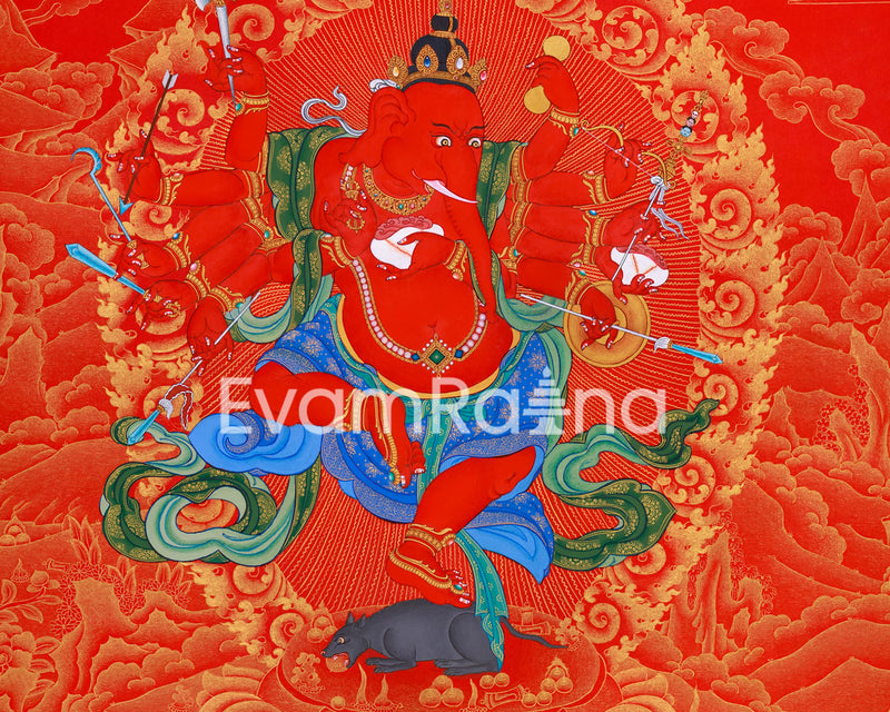 Majestic Red and Gold Ganapati Thangka