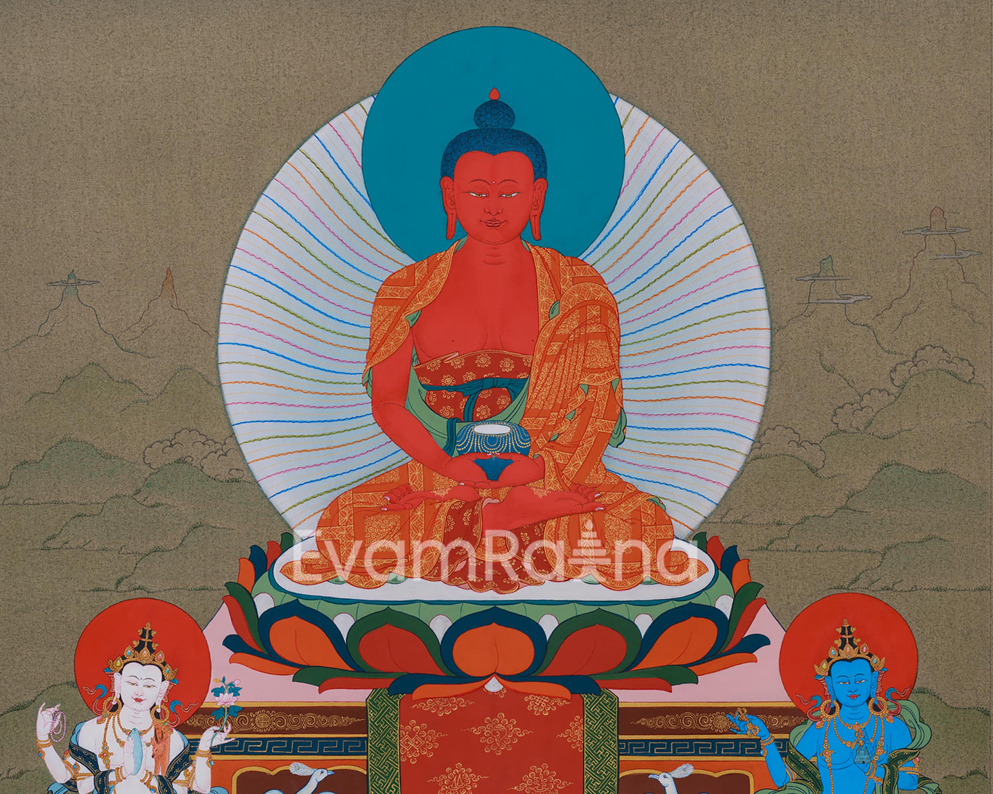 Buddha of Infinite Light, Amitabha Thangka - Chenresig and Vajrasattva Bodhisattvas