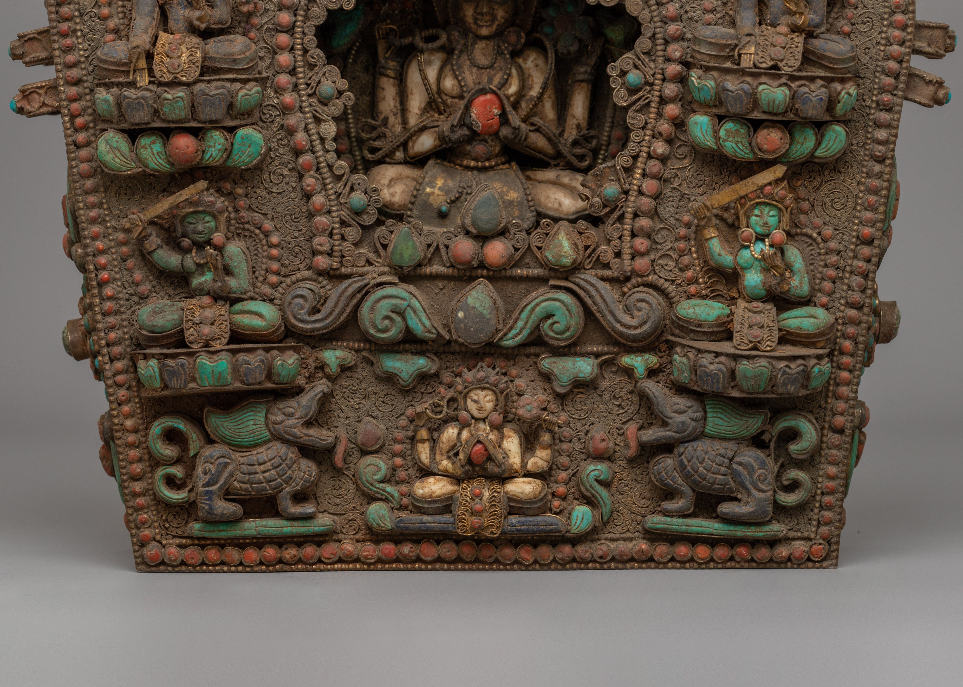 Chenrezig Ghau Box with Turquoise and Coral | Tibetan Amulet Box