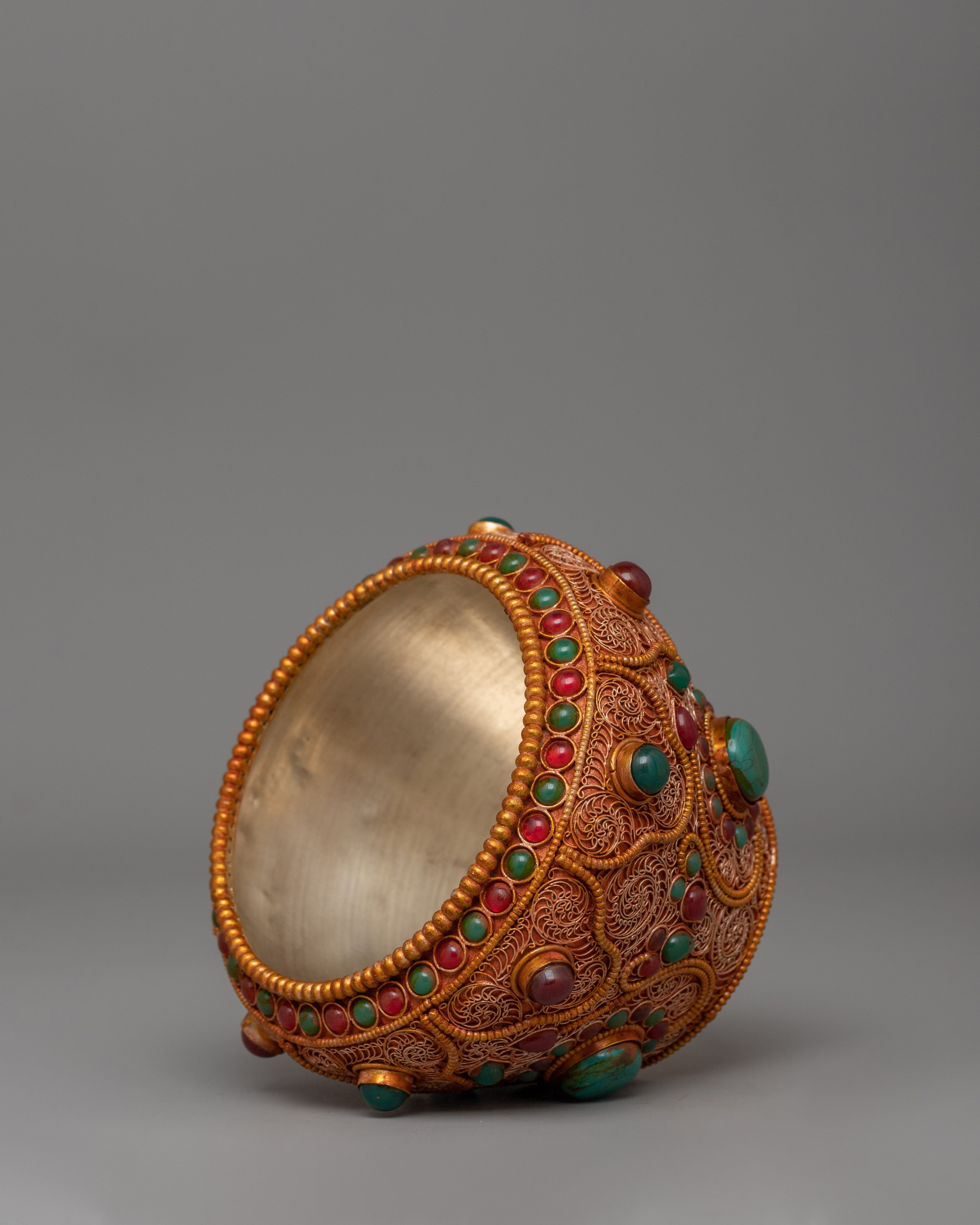 Tibetan Golpa Bowl with Coral | Sacred Buddhist Ritual Decor