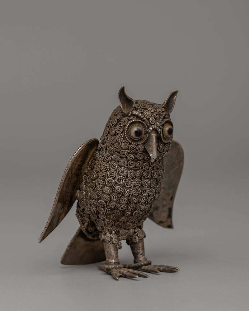 Silver-Plated Copper Owl Statue | Handcrafted Wisdom Figurine |