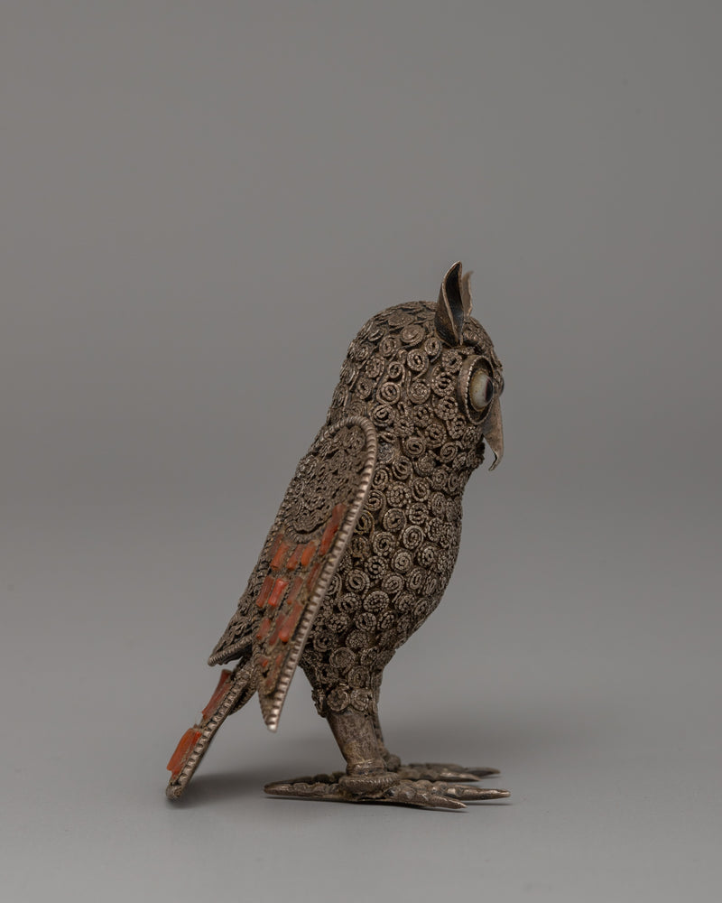 Silver-Plated Copper Owl Statue | Handcrafted Wisdom Figurine |