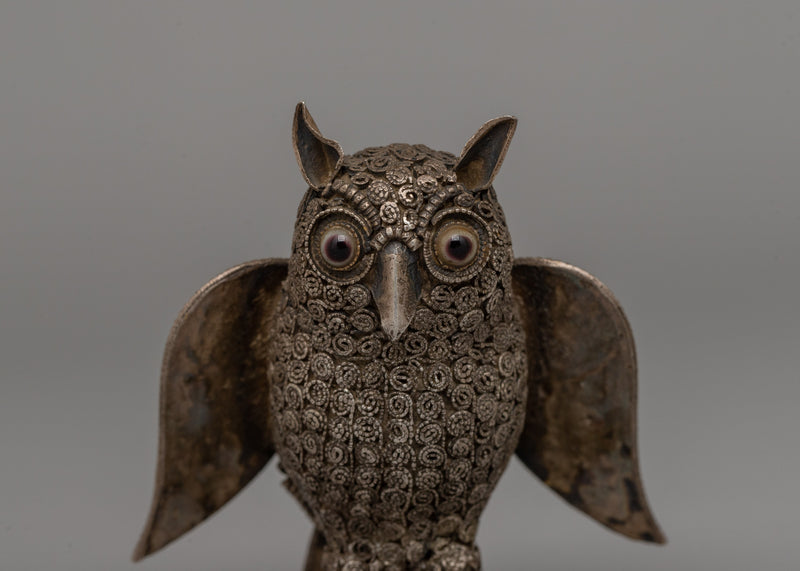 Silver-Plated Copper Owl Statue | Handcrafted Wisdom Figurine |