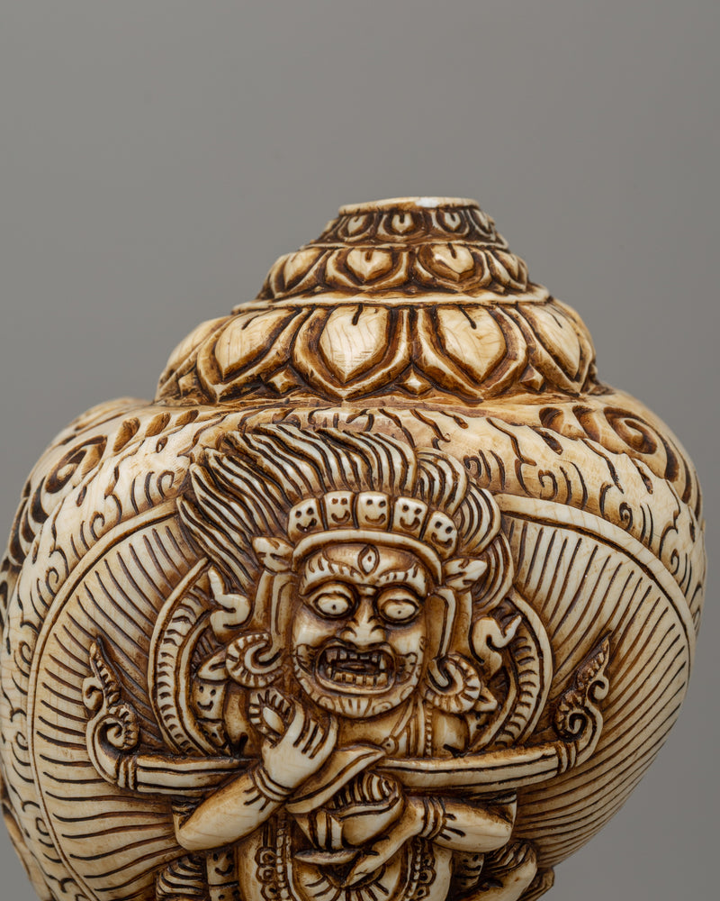 Conch Shell with Shakya Mahakala Carvings | A Powerful Ritual Artifact