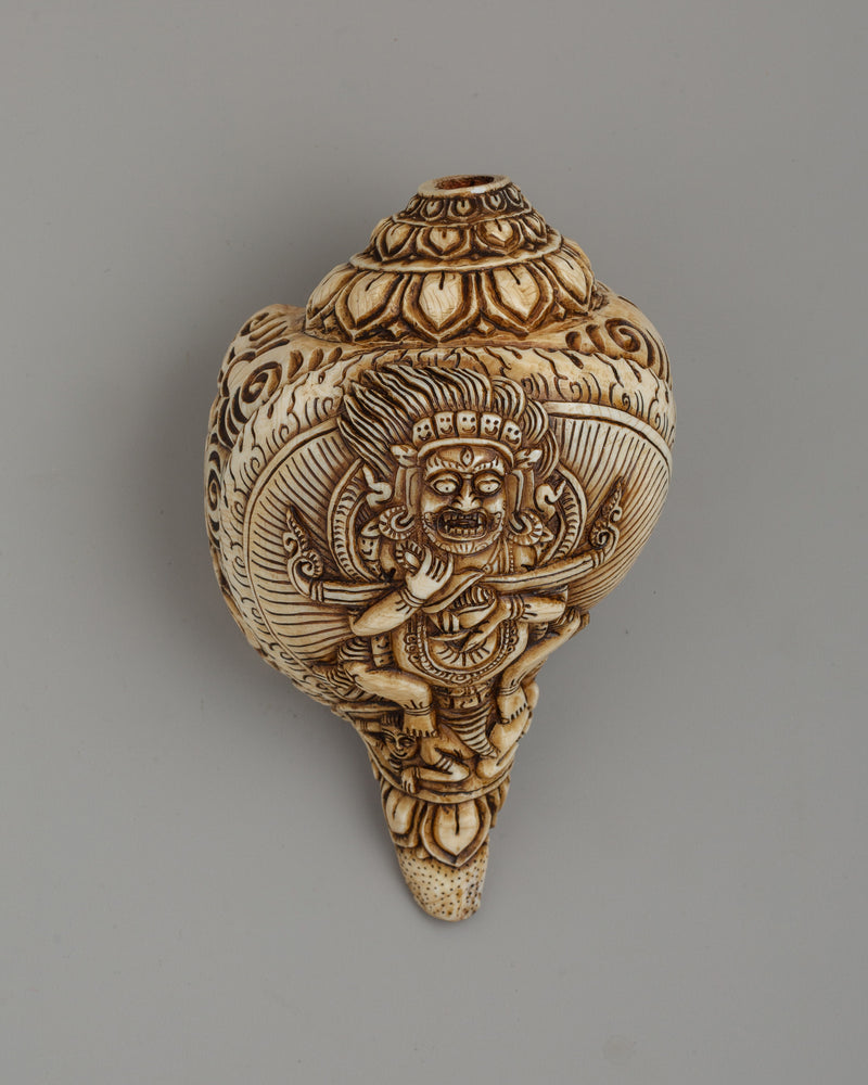 Conch Shell with Shakya Mahakala Carvings | A Powerful Ritual Artifact