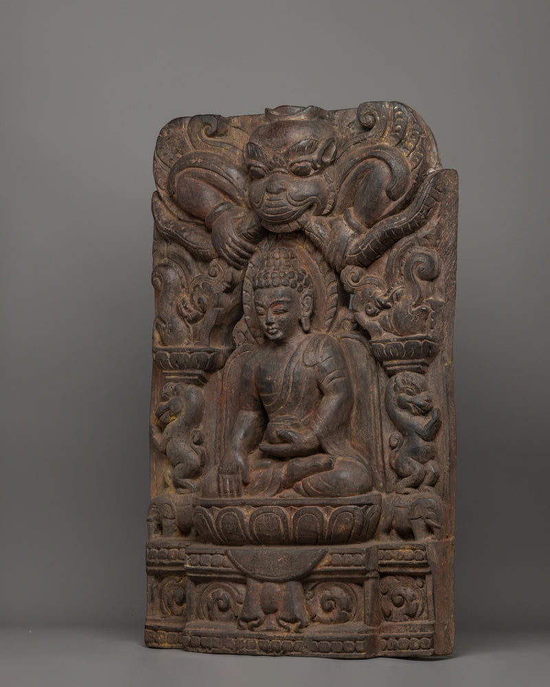 Shakyamuni Buddha with Kirtimukha Carved in Halo | A Symbol of Protection