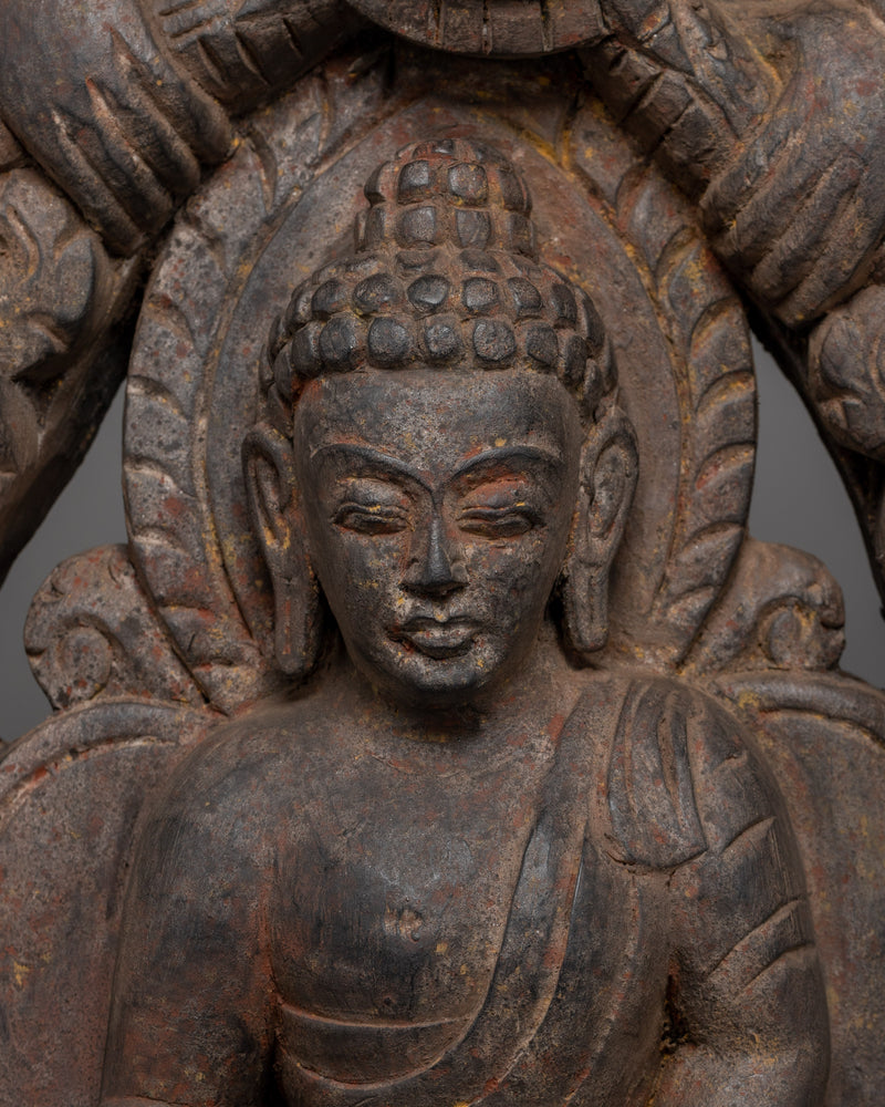 Shakyamuni Buddha with Kirtimukha Carved in Halo | A Symbol of Protection